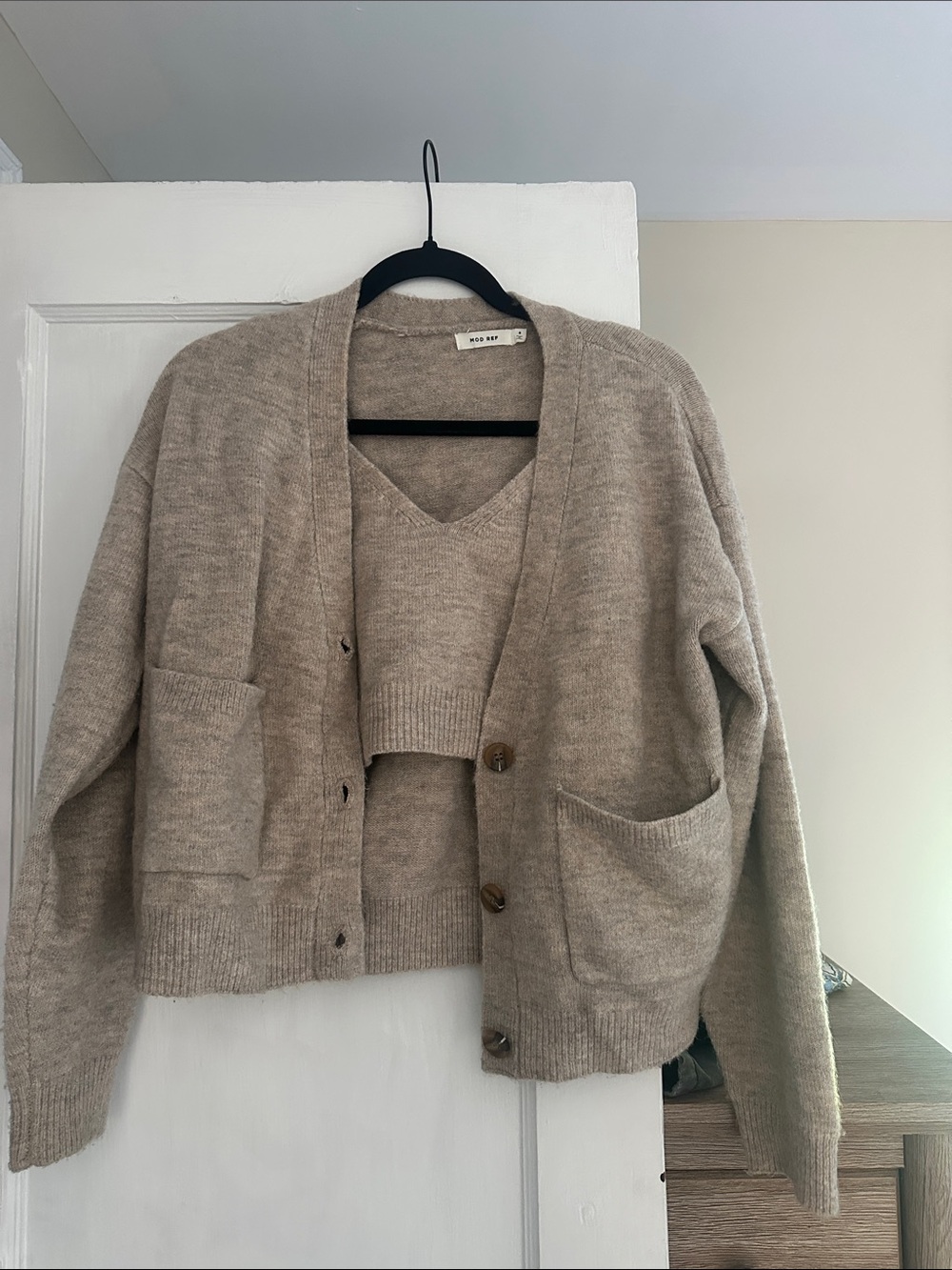 Mod Ref Taupe Knit V-Neck Sweater and Button Cardigan Set